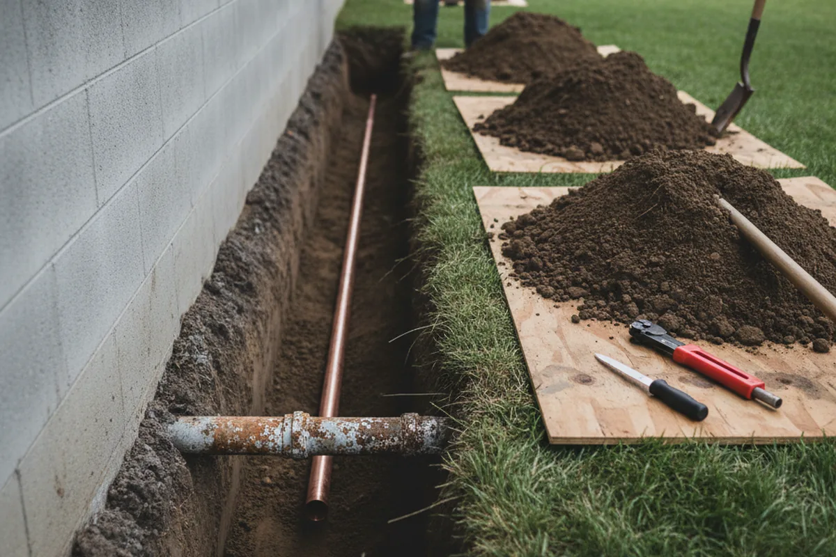 Excavated water line trench during Water Softener Installation in Creola